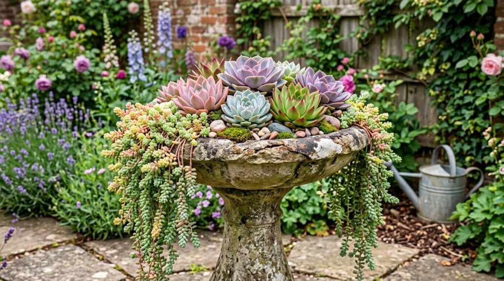 repurposed birdbath succulent planter front lawn garden idea