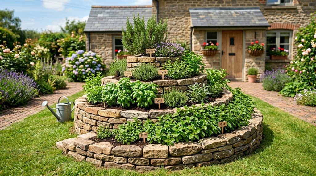 compact stone herb spiral garden idea for small front lawn