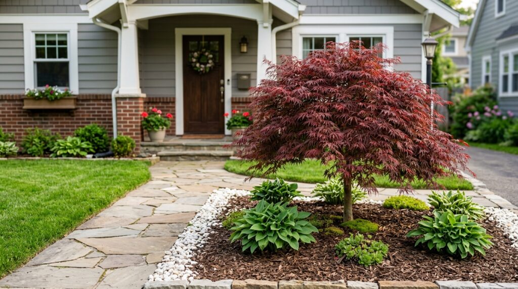 dwarf japanese maple tree small front lawn garden idea