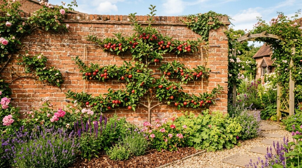 espalier fruit tree small front yard garden idea against wall