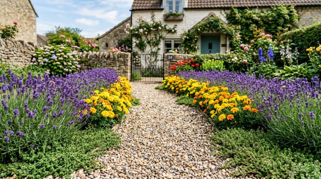 front yard pathway border garden ideas with lavender and marigolds