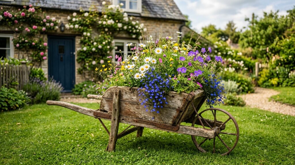 rustic wheelbarrow planter front lawn garden idea for small spaces