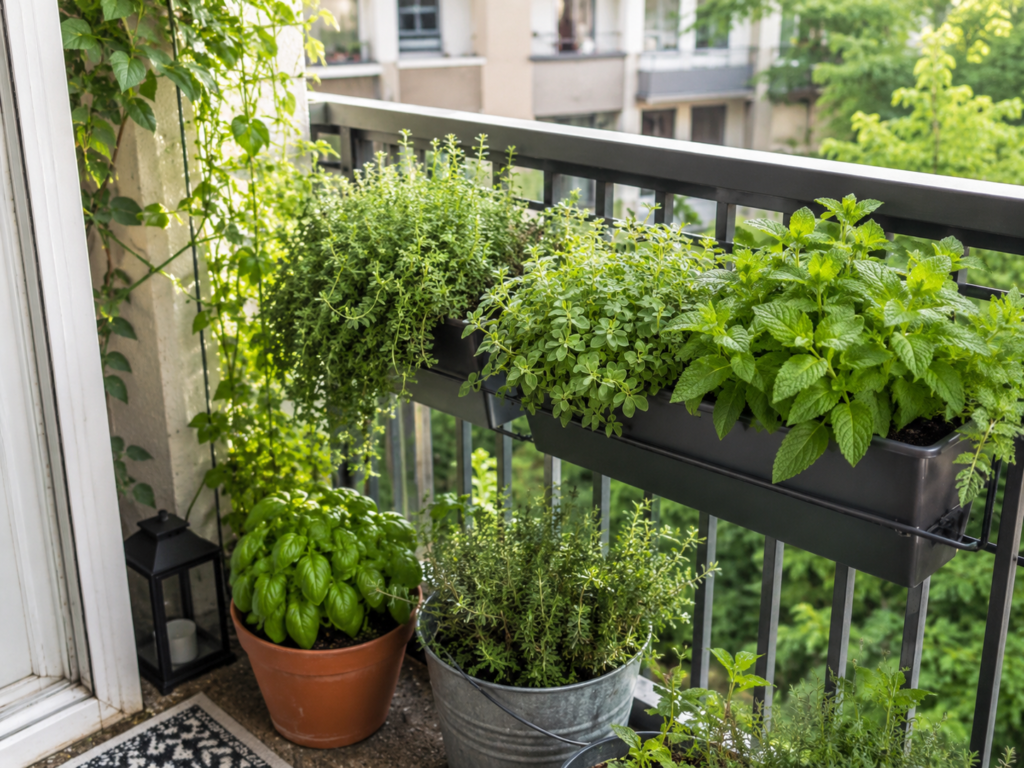 Balcony herb garden with railing planters, basil, thyme and mint in a small apartment space