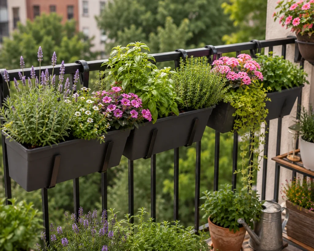 Balcony railing planters filled with herbs, flowers and trailing greenery on a small apartment balcony.