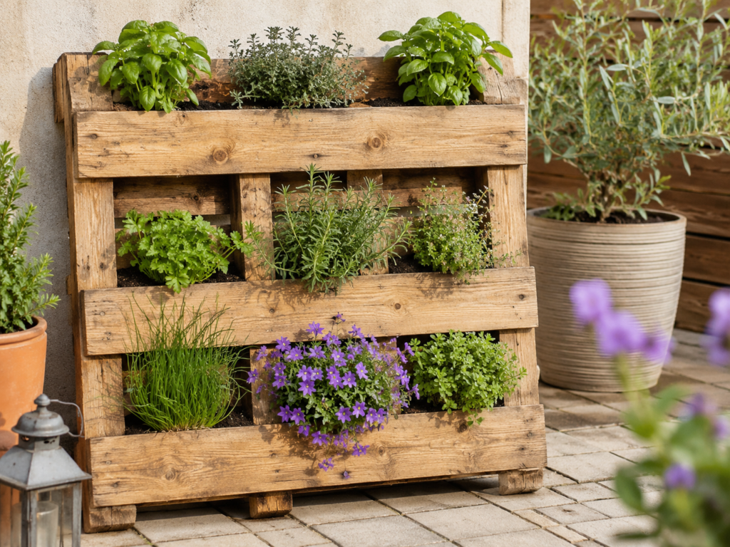 Rustic wooden pallet planter filled with herbs and small purple flowers on a small patio.