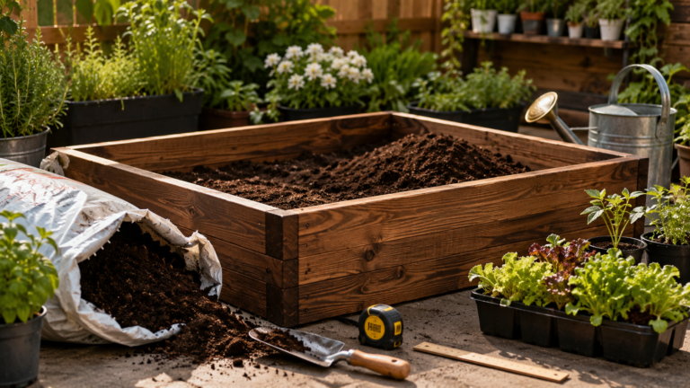 Raised wooden garden bed being filled with soil for a garden bed dirt calculator