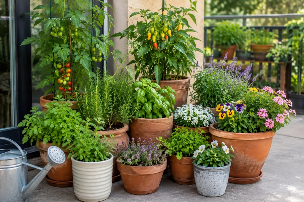 Terracotta and ceramic garden pots arranged by height with herbs, flowers and dwarf vegetables on a small patio.