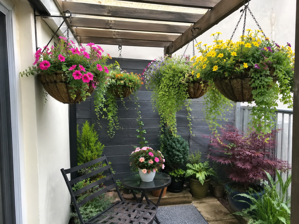 Hanging baskets with colorful flowers and trailing greenery in a small patio garden