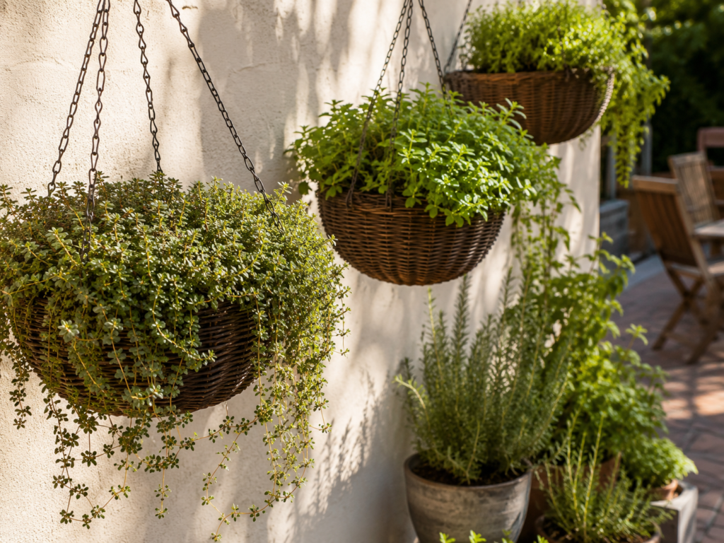 Hanging herb baskets with trailing herbs beside a sunny patio wall