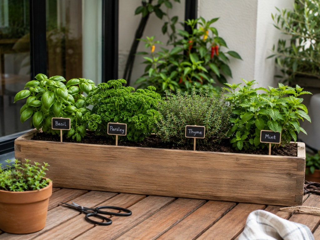 Long wooden herb planter box with labeled basil, parsley, thyme and mint plants