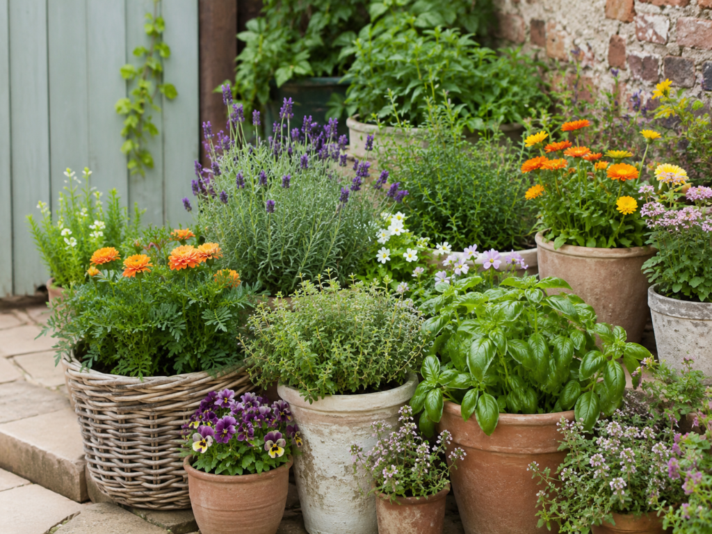 Herb garden with basil, lavender, thyme, marigolds and small flowers growing together in pots