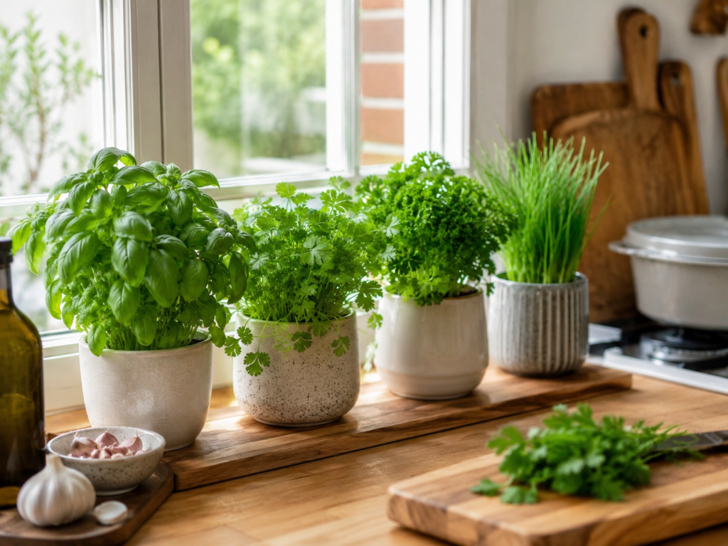 Kitchen herb garden with basil, parsley, chives and fresh herbs beside a bright window