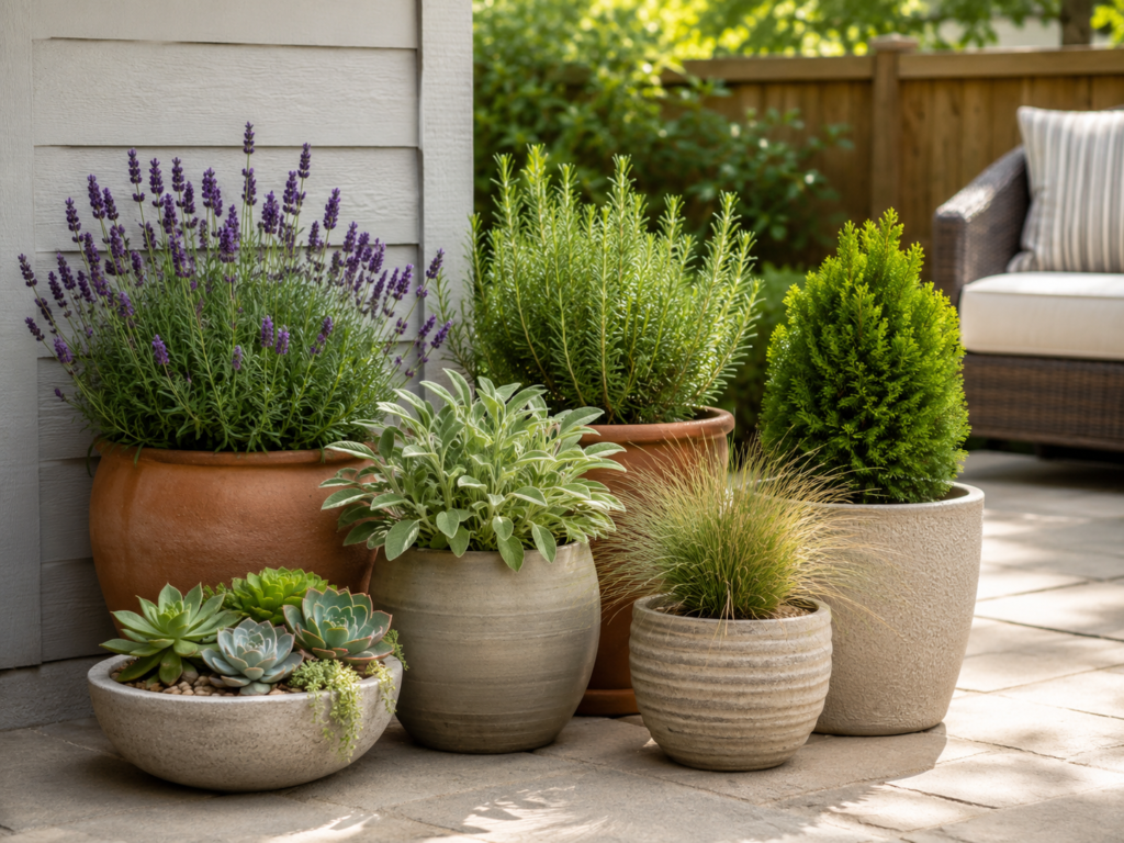 Low-maintenance container garden with lavender, rosemary, sage, ornamental grass, succulents and a dwarf evergreen on a sunny patio.