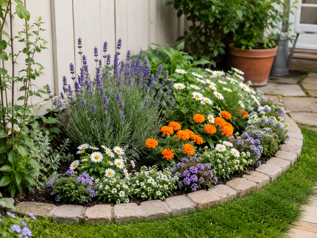 Mini flower bed with lavender, daisies, marigolds and neat curved garden edging