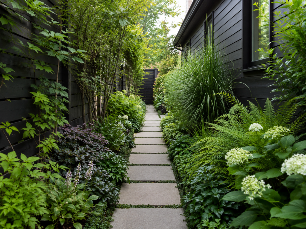Narrow garden path with stepping stones, lush greenery and layered planting along both sides.