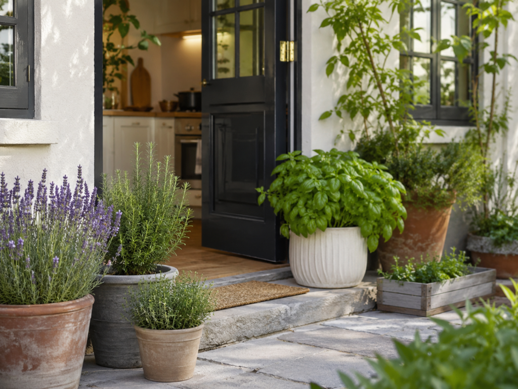Outdoor herb garden beside a back door with rosemary, lavender, thyme and basil in pots