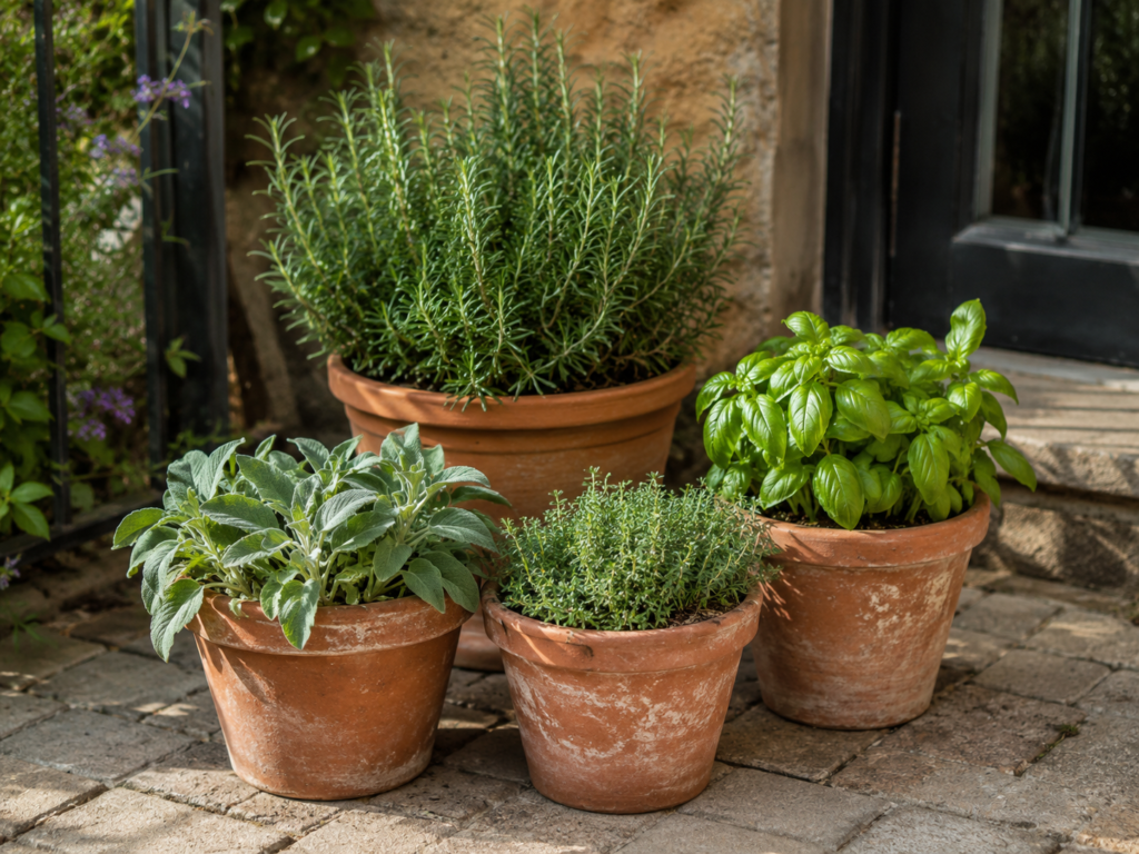 Terracotta pots filled with rosemary, basil, sage and thyme on a small patio