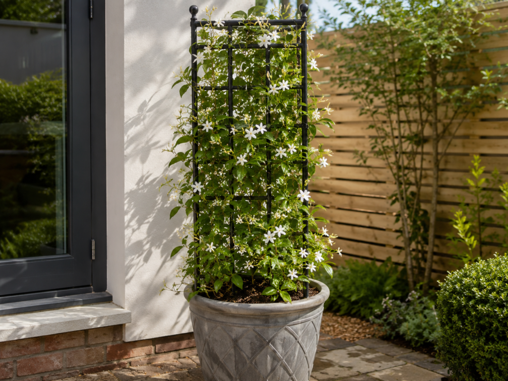 Large patio pot with a trellis and white flowering climbing vine in a small garden corner.