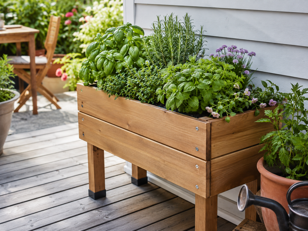 Raised wooden herb garden planter with basil, rosemary, mint and flowers on a deck