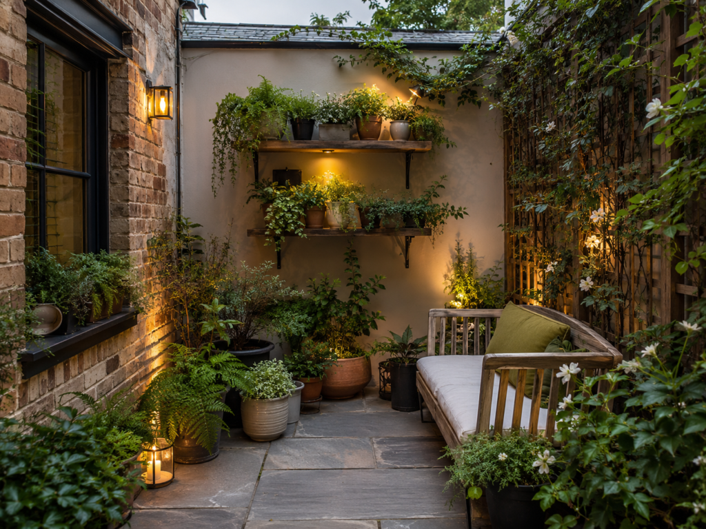 Small courtyard garden room with potted plants, wall shelves, climbers, seating and warm lights.