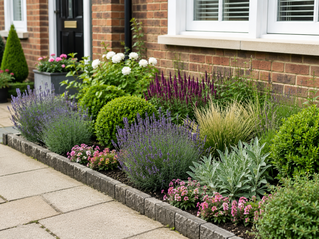 Small front garden border with lavender, compact shrubs, ornamental grasses and neat edging.