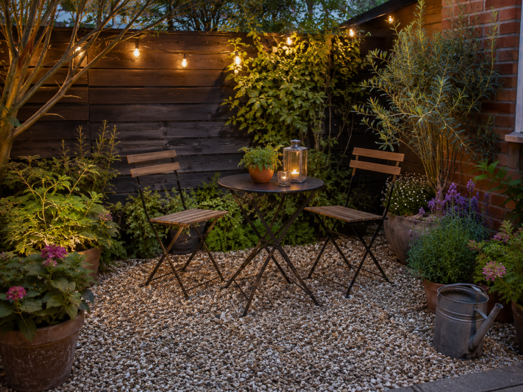 Small gravel seating corner with two chairs, potted plants, string lights and a small outdoor table.