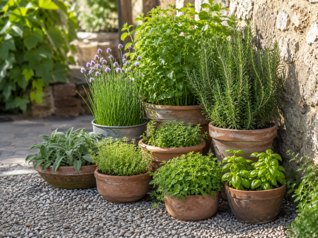 Small herb garden corner with terracotta pots of basil, rosemary, chives, sage and thyme