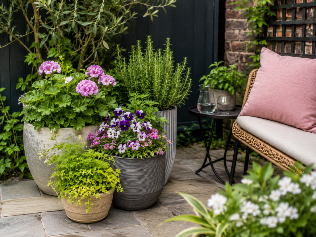Small patio planter cluster with grouped flower pots, herbs, greenery and a compact seating corner.