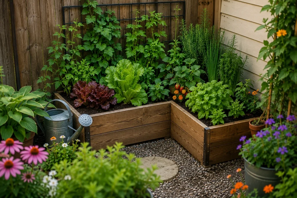 Small corner raised bed garden with leafy greens, herbs, strawberries and compact flowers in a backyard.