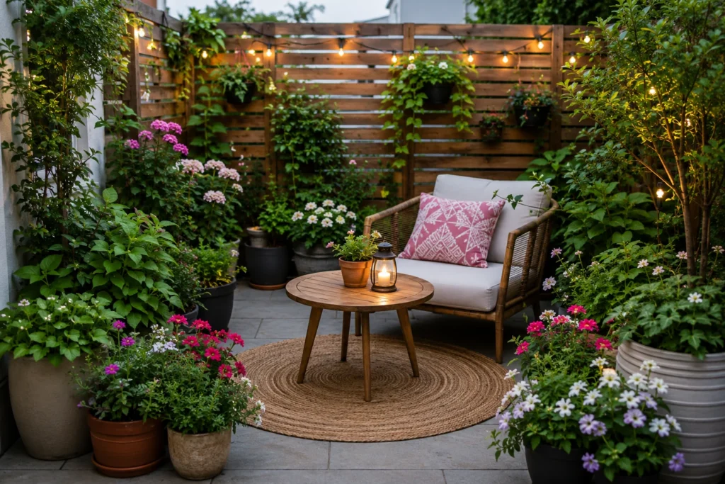 Tiny garden ideas for a small patio with container plants, flowers, seating and string lights