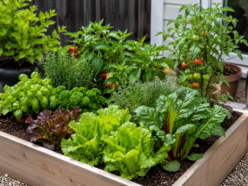 Tiny vegetable garden bed with lettuce, chard, herbs, compact peppers and dwarf tomatoes.