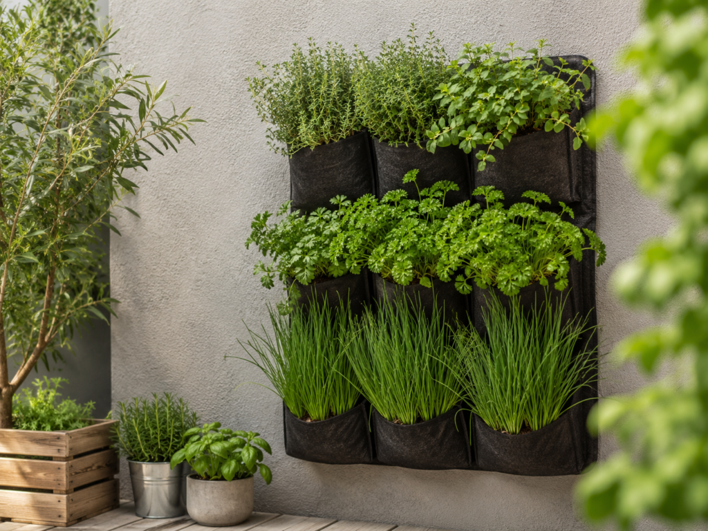 Vertical wall herb garden with parsley, thyme, chives and oregano in pocket planters
