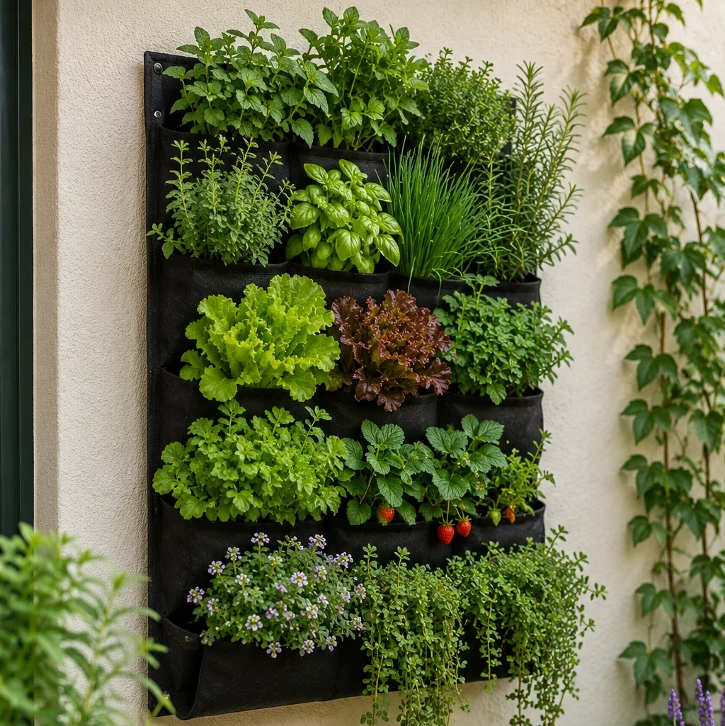 Realistic vertical wall planter with herbs, lettuce, strawberries and trailing plants on a cream garden wall.
