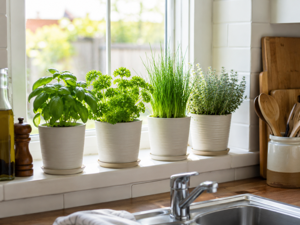Herb garden ideas for a kitchen windowsill with basil, parsley, chives and thyme in small white pots